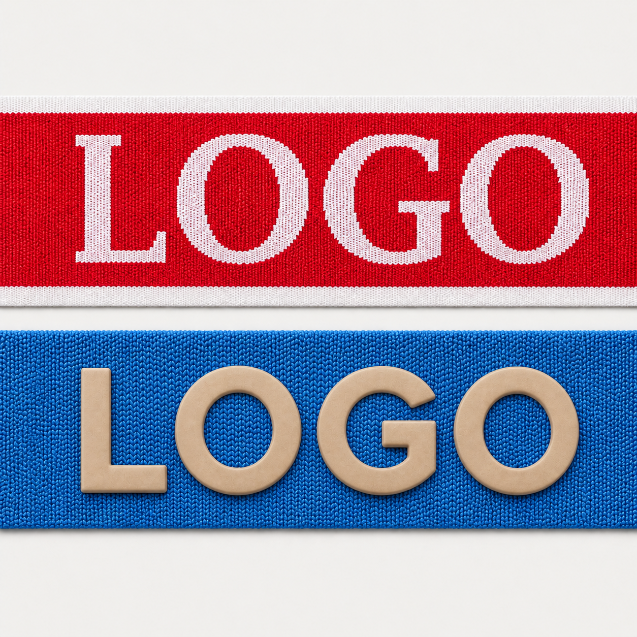 Logo application including embroidery, heat transfer and woven labels