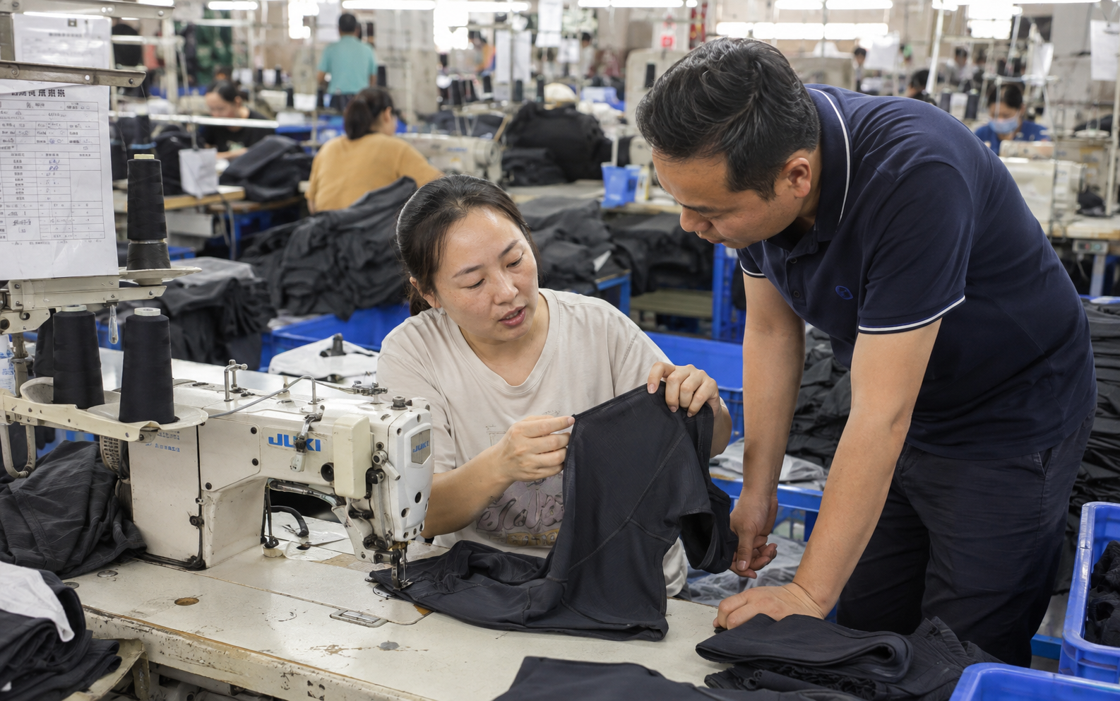 Worker closely inspecting fabric, threads, elastic band and stitching for quality defects