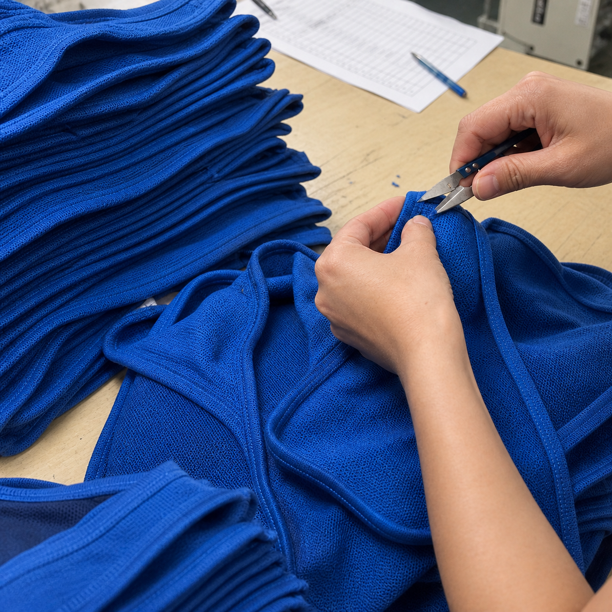 Quality control specialist using ruler and checklist to randomly measure men's underwear