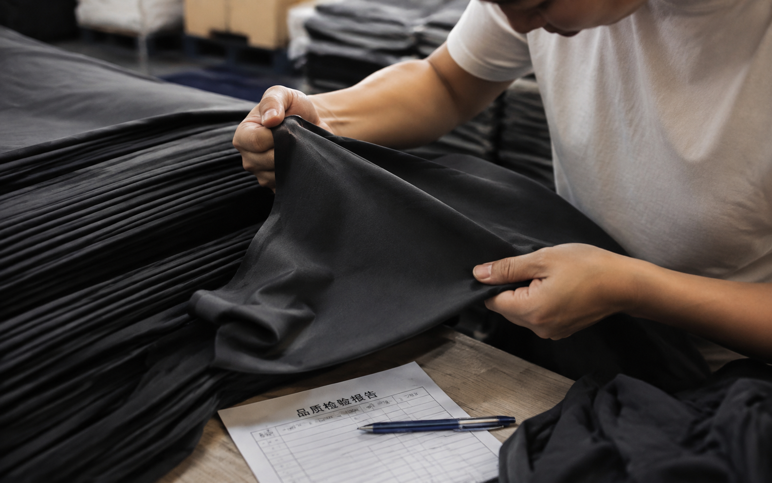 Quality control inspector checking finished underwear units