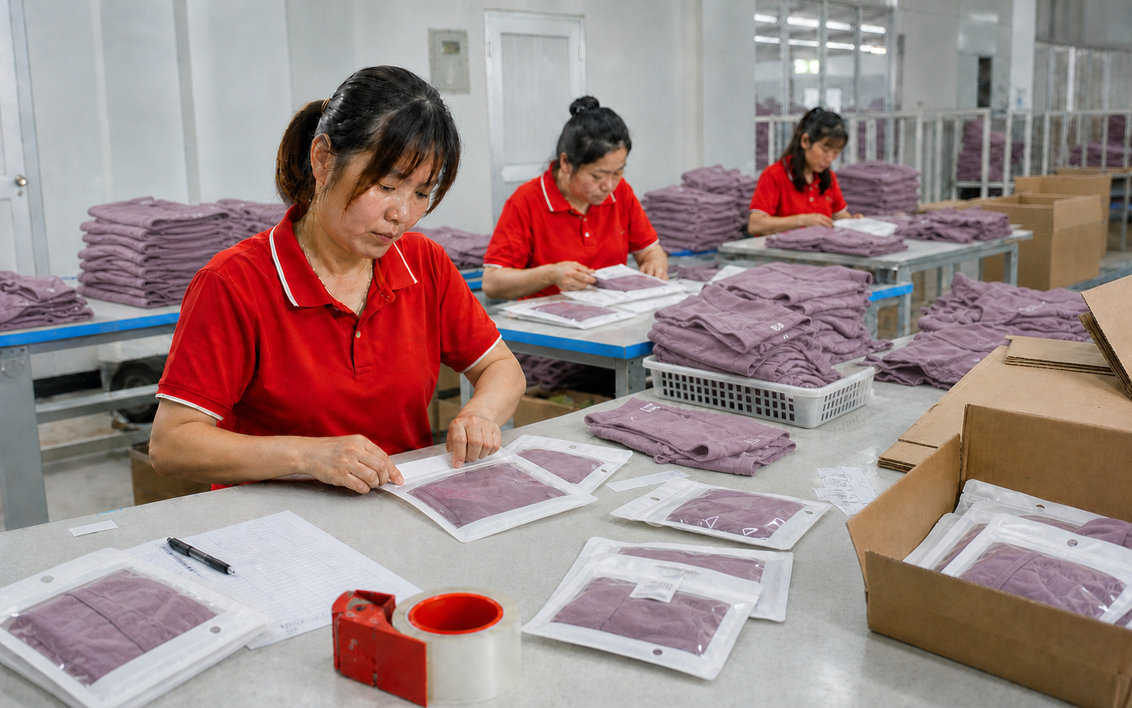 Packing staff placing bagged and boxed men's underwear into export cartons