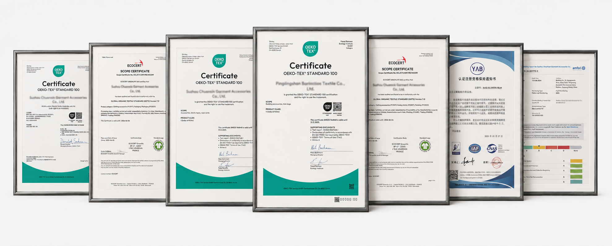 Certificate collage showing OEKO-TEX, GOTS, BSCI, ISO 9001, CTI, SGS and 7A antibacterial test reports for MENUNDR materials and supply-chain partners