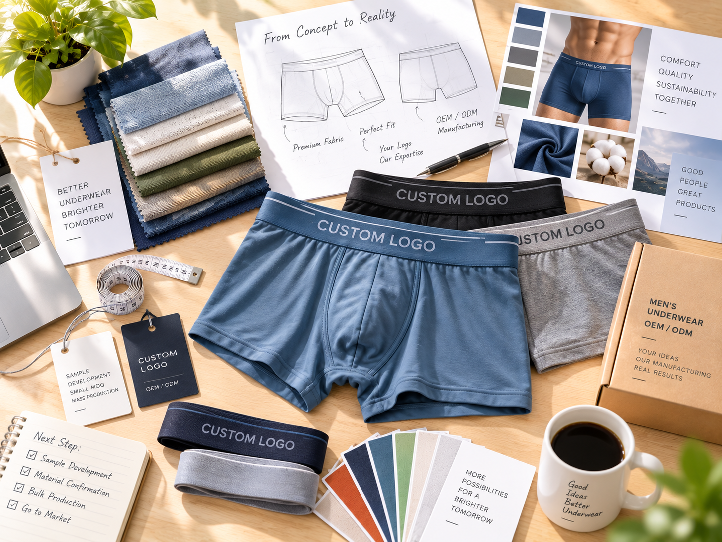 Custom men's underwear sample development and waistband detailing at the MENUNDR factory